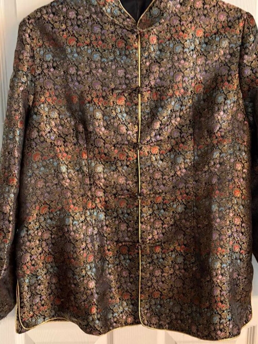 Vintage Asian Brocade Jacket Mandarin Collar Frog Closure Floral Metallic L